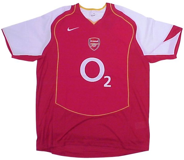 Camiseta de Arsenal local rojo, blanco y amarillo de 2004-2005