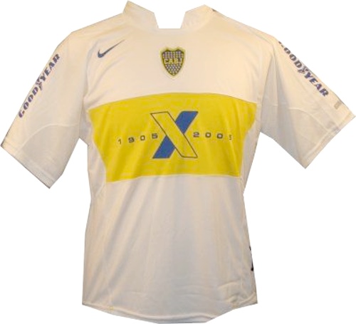 Camiseta de Boca Juniors visitante blanco y amarillo (oro) de 2005-2006, celebración centenario