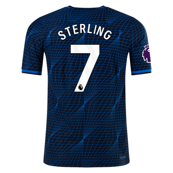 Camiseta de Chelsea visitante azul y azul oscuro de 2023-2024, Raheem Sterling, vista espalda