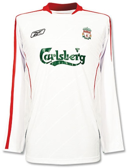 Camiseta de Liverpool visitante blanco y rojo de 2005-2006, manga larga
