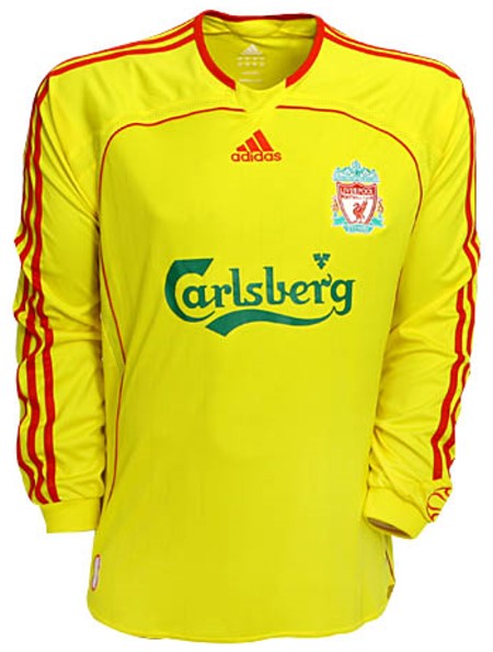 Camiseta de Liverpool visitante amarillo y rojo de 2006-2007, manga larga