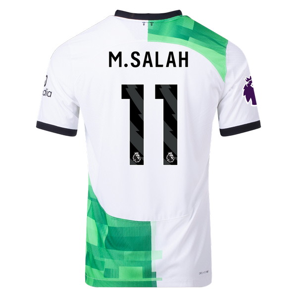 Camiseta de Liverpool visitante blanco, verde y negro de 2023-2024, Mohamed Salah, vista espalda