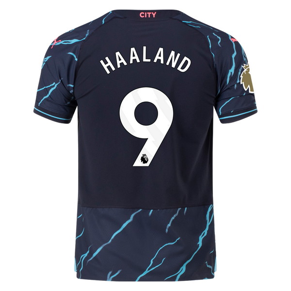 Camiseta de Manchester City tercera azul y celeste de 2023-2024, Erling Haaland, vista espalda