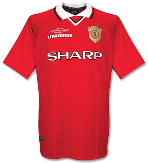 Camiseta de Manchester United local rojo, blanco y negro de 1999-2000