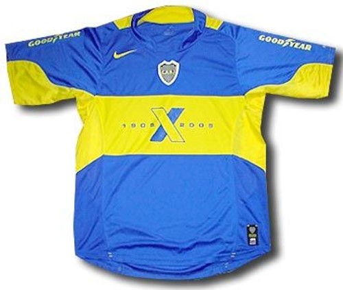 Camiseta de Boca Juniors local azul y amarillo (oro) de 2005-2006, celebración centenario