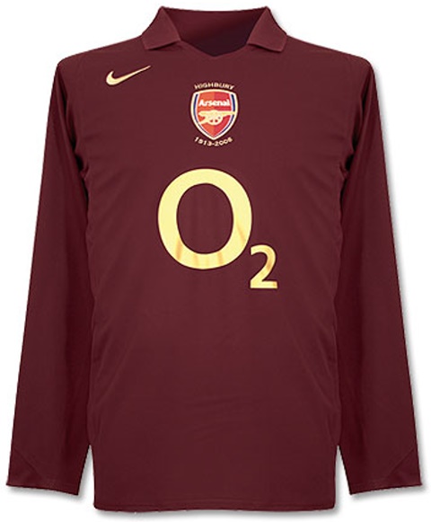 Camiseta de Arsenal local rojo oscuro (borgoña) de 2005-2006, manga larga retro