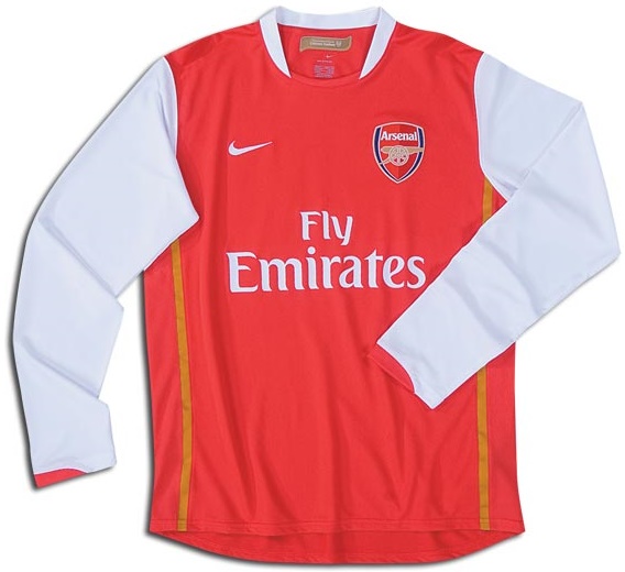 Camiseta de Arsenal local rojo, blanco y amarillo de 2006-2007, manga larga