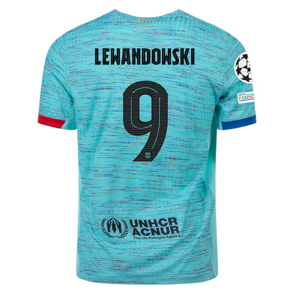 Camiseta de FC Barcelona tercera turquesa, rojo y azul de 2023-2024, Robert Lewandowski, vista espalda