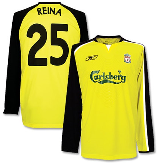 Camiseta de Liverpool visitante amarillo, negro y blanco de 2004-2005, Reina, arquero