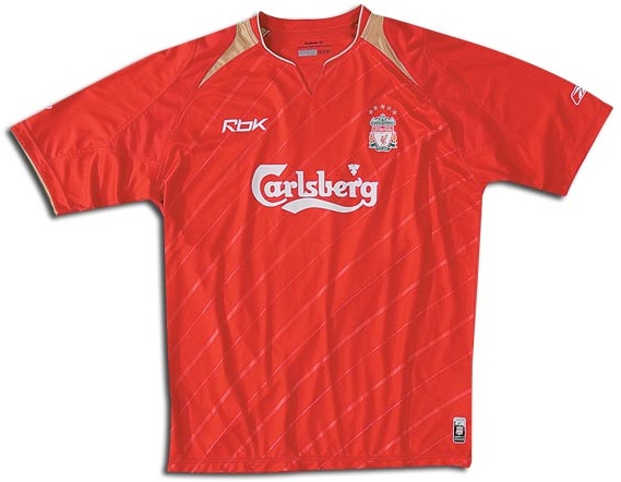 Camiseta de Liverpool local rojo, oro y blanco de 2005-2006