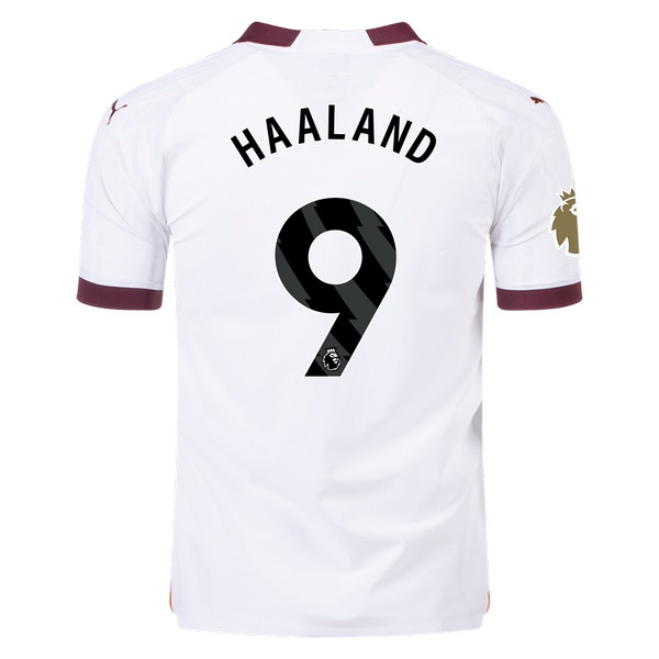 Camiseta de Manchester City visitante blanco y borravino de 2023-2024, Erling Haaland, vista espalda