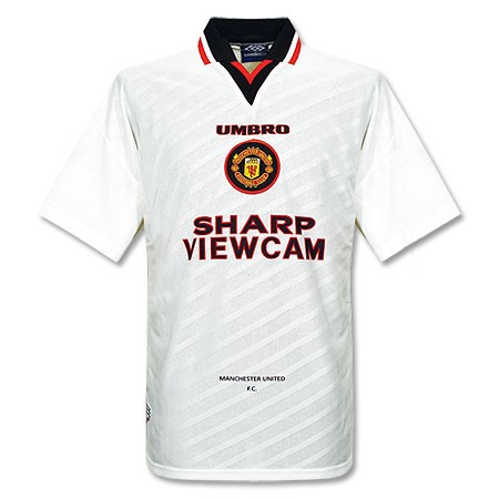 Camiseta de Manchester United visitante blanco, negro y rojo de 1996-1997