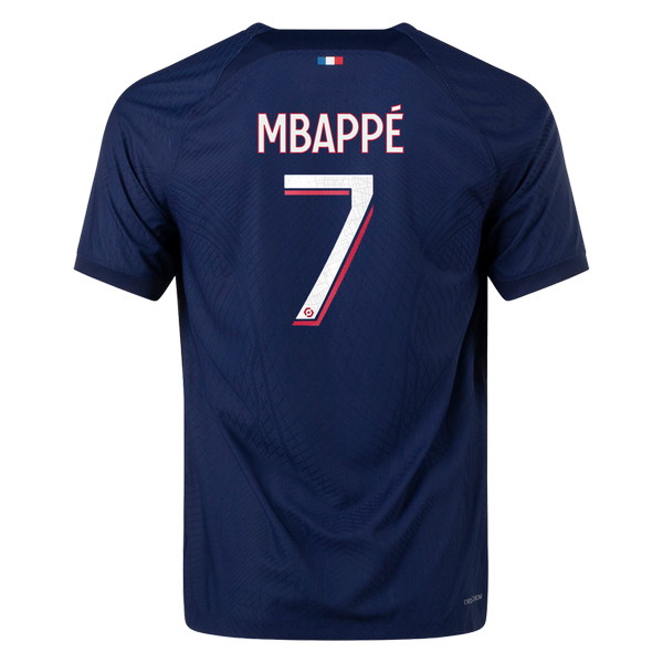 Camiseta de PSG local azul, rojo y blanco de 2023-2024, Kylian Mbappé, vista espalda