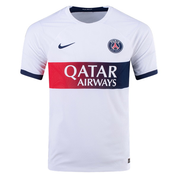 Camiseta de PSG visitante blanco, rojo y azul de 2023-2024