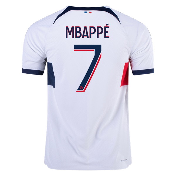 Camiseta de PSG visitante blanco, rojo y azul de 2023-2024, Kylian Mbappé, vista espalda