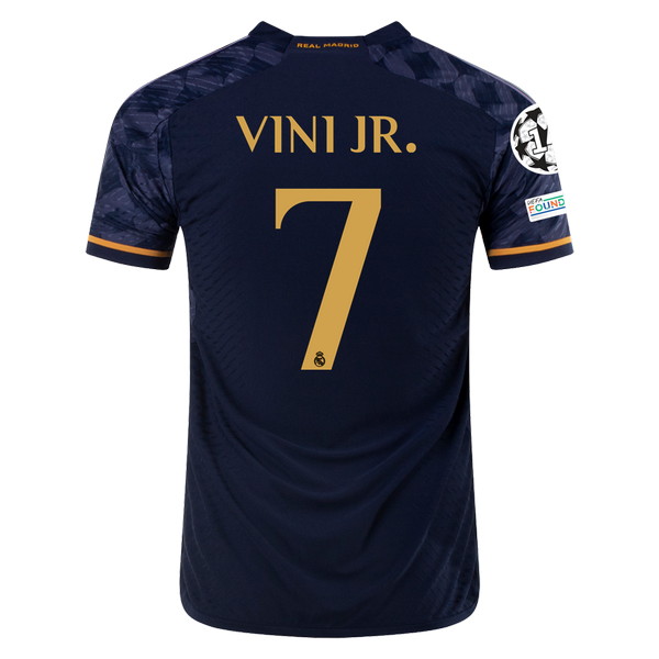 Camiseta de Real Madrid CF visitante azul marino, oro, violeta y gris de 2023-2024, Vinícius Júnior (Vini Jr.), vista espalda